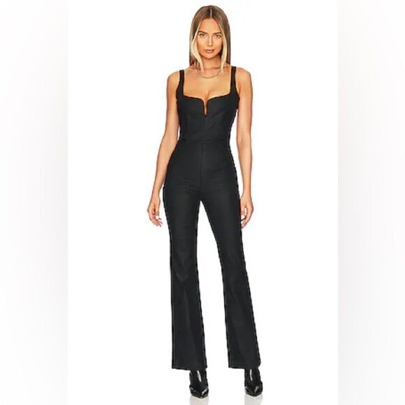 NWT 7 FOR ALL MAN KIND black Coated Denim Flared Jumpsuit In Rabbithole sz small - Picture 2 of 12